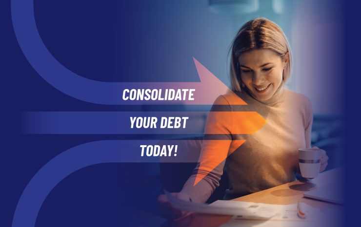 A woman sitting at a desk with text "Consolidate Your Debt Today!"